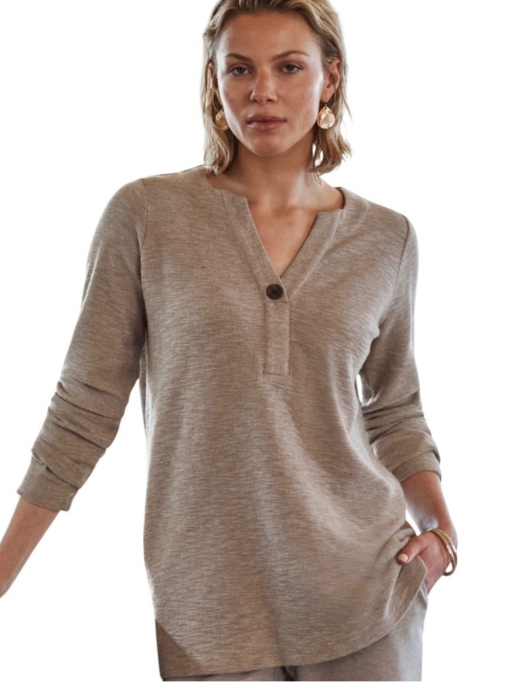 J.Jill PureJill Tan Organic Cotton Textured Single Button Top Size Large
